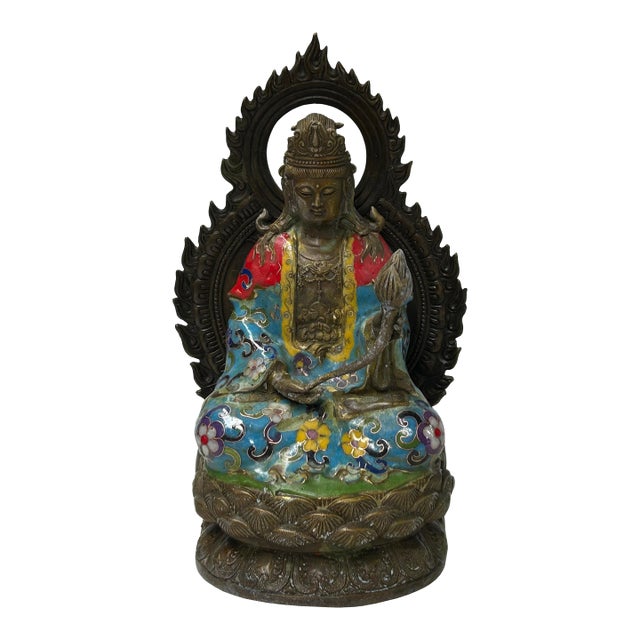 Vintage Cloisonne Enamel Lotus Bodhisattva Metal Buddha Statue For Sale