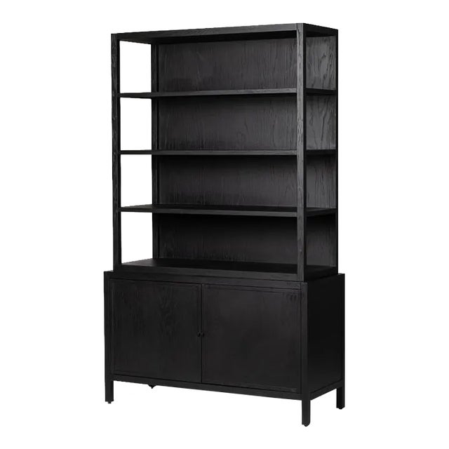 Four Hands Hopkins Brushed Ebony Oak Veneer Large Contemporary Bookcase with Cabinets For Sale