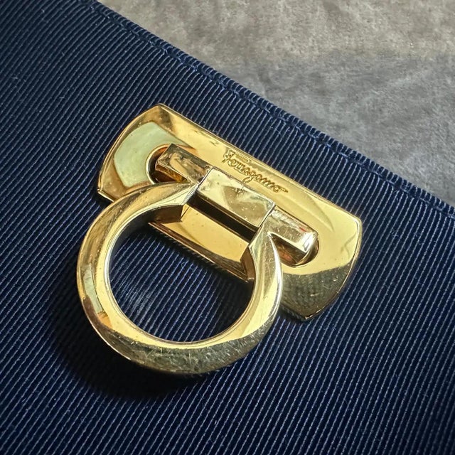 1990s Elegant Blue Fabric and Brass Belt Hand Bag by Salvatore Ferragamo For Sale - Image 11 of 11