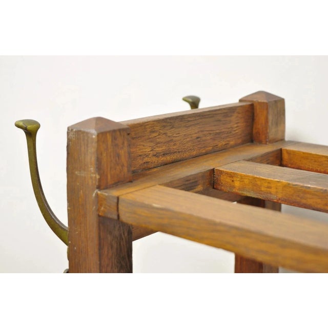 Antique Mission Arts & Crafts Oak Wood Coat Hook Hall Tree Umbrella Stand For Sale In Philadelphia - Image 6 of 12