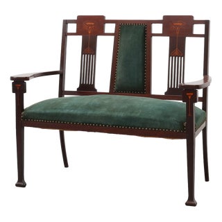 Art Nouveau Walnut Settee with Floral Marquetry, Belgium, 1890s For Sale