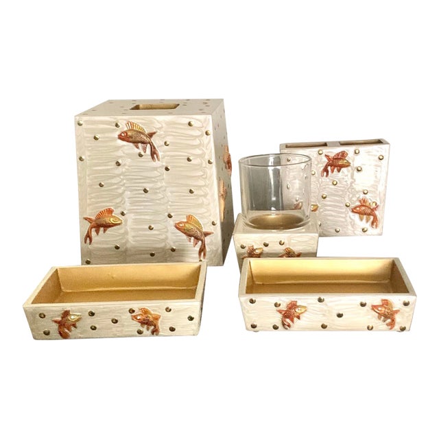 Mike and Ally Luxury Enameled Gilt Koi Fish Bathroom Set - Set of 6 For Sale