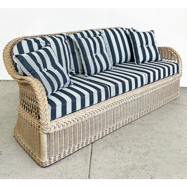 1970s Henry Link Rattan Lounge Chairs, Ottomans, New Sunbrella Upholstery, 2 Pairs For Sale - Image 17 of 18