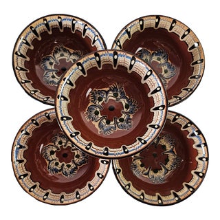 Hand Painted Bulgarian Troyan Red Feather Soup Coup Bowls Set of 5 For Sale