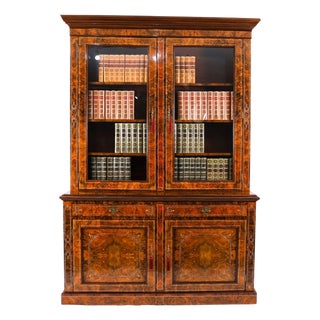 Antique Victorian Burr Walnut and Inlaid Bookcase, 1800s For Sale