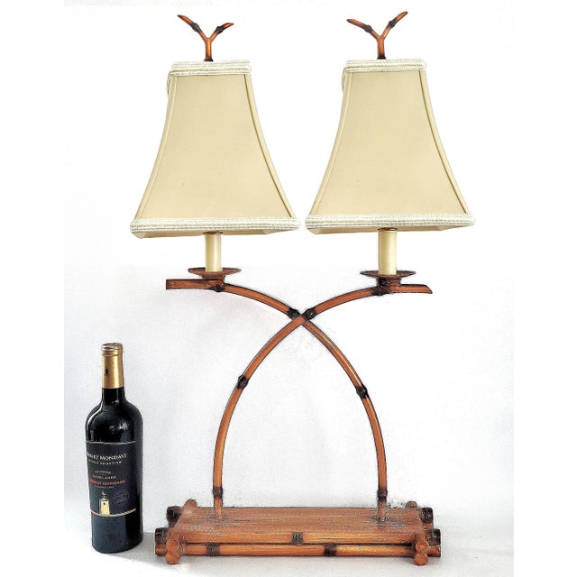 Dennis & Leen Lamp French Bouillotte Style in Metal Faux Bamboo For Sale - Image 4 of 13