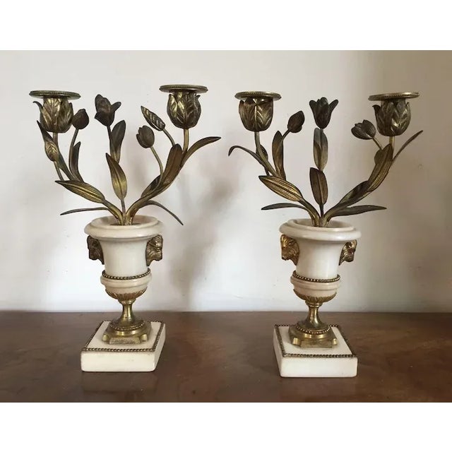 French 18th Century French Louis XVI Fire Gilt Bronze & White Marble Candelabra - A Pair For Sale - Image 3 of 11