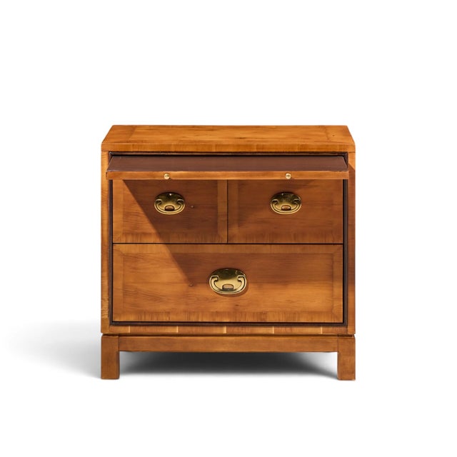 Wood Hickory Manufacturing Mid Century Walnut and Brass Campaign Nightstand For Sale - Image 7 of 11