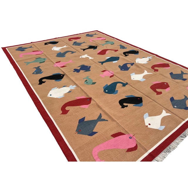 Not Yet Made - Made To Order Handmade Cotton Vegetable Dyed Flat Weave Area Rug, Tan, Red Fish Patterned Dhurrie - 9'x12' For Sale - Image 5 of 16