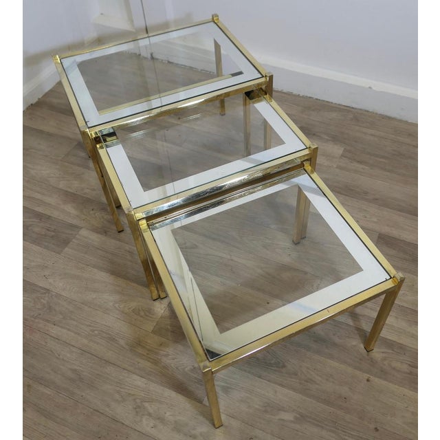 Metal Art Deco Glass Mirror and Brass Nest of Tables, 1960s, Set of 3 For Sale - Image 7 of 9