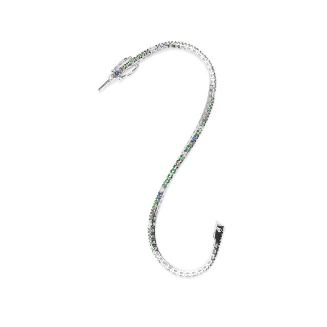 Early 21st Century 18K White Gold 3/8 Cttw Diamond with Blue Sapphire and Green Tsavorite Gemstone Multi-Colored Tennis Bracelet (Brown and G-H Color, SI1-SI2 Clarity) For Sale - Image 5 of 7