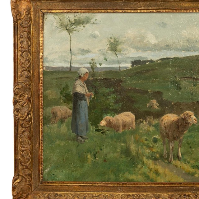 19thC Oil on Canvas French Pastoral Realism Barbizon School Landscape Painting by Harry Thompson, 1885 For Sale - Image 12 of 18