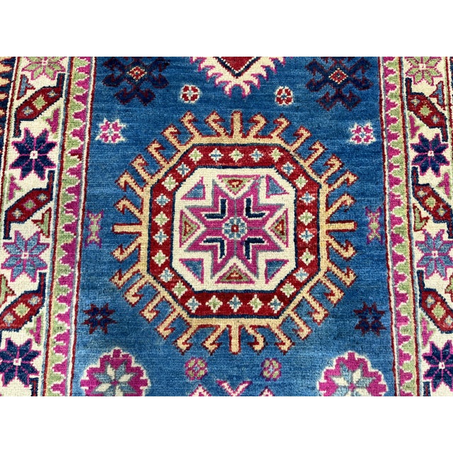 Blue Blue and Pink Kazak-Style Wool Runner Rug With Geometric Medallions, 2'7" X 9'7" For Sale - Image 8 of 16
