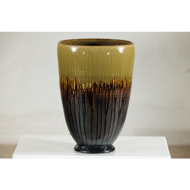 Late 20th Century Large Artisan Ceramic Planter with Olive and Brown Drip Glaze For Sale - Image 11 of 18