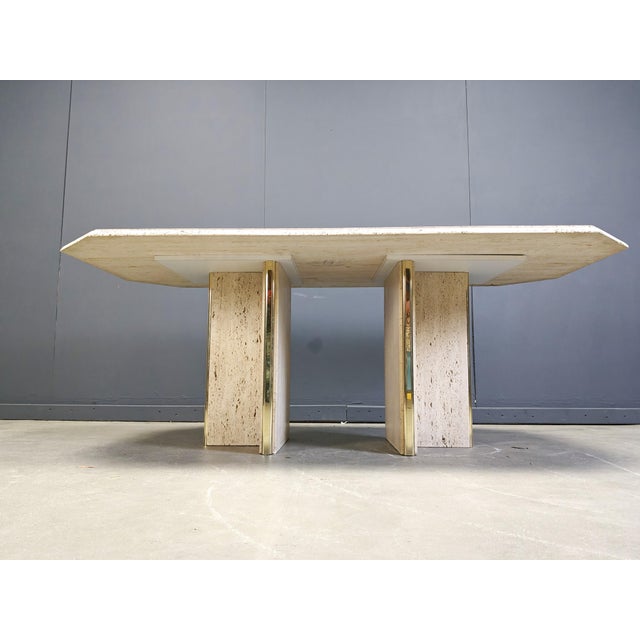 Vintage Italian Travertine and Brass Dining Table, 1970s, in Very Good conditions. Designed 1970 to 1979