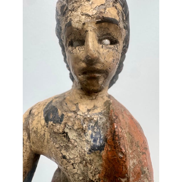Antique Spanish Colonial Carved Wood Santos Figure With Glass Eyes For Sale - Image 4 of 11