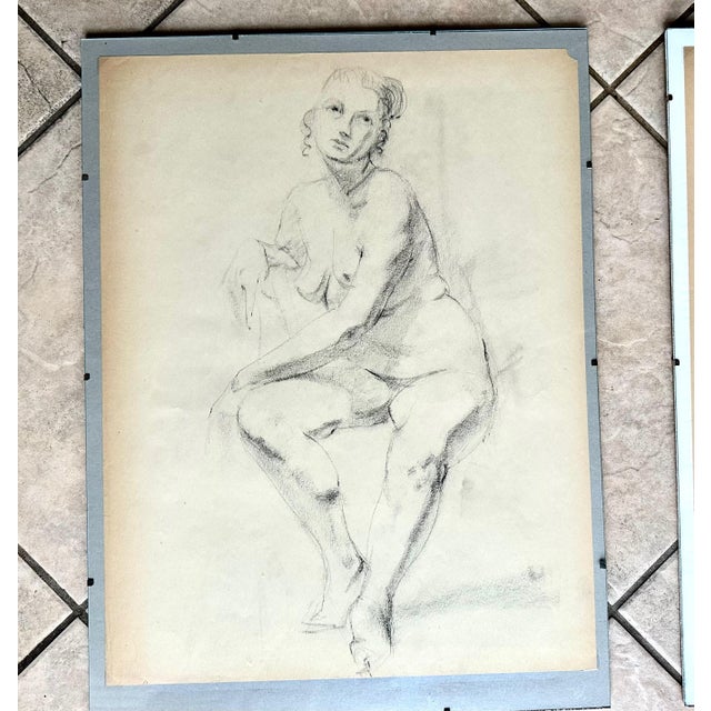 Pair Mid-Century Nude Man & Woman Drawings For Sale - Image 4 of 14