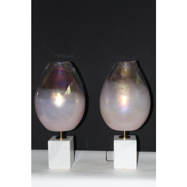 Glass Mid 20th Century Pair of Barovier -Toso Influence Lamps For Sale - Image 7 of 11