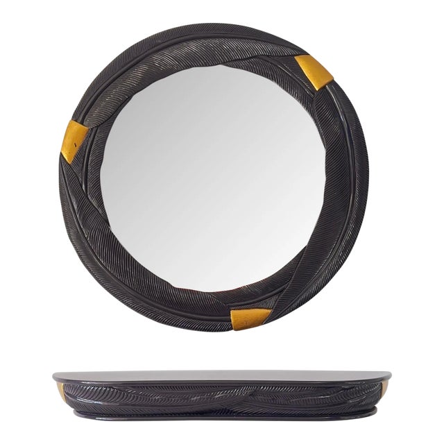 Lacquered Aubergine Palm Leaf Mirror and Wall Mounted Console For Sale