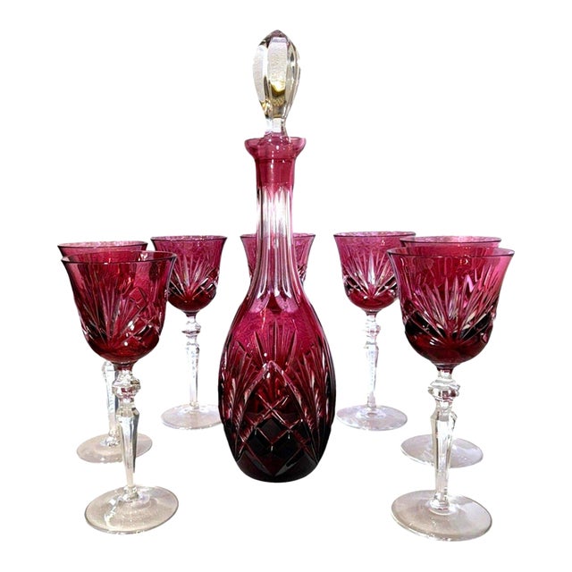 Late 20th Century Nachtmann Nierstein Cranberry Red Cut Crystal Decanter 7 Wine Goblets - 8 pcs For Sale