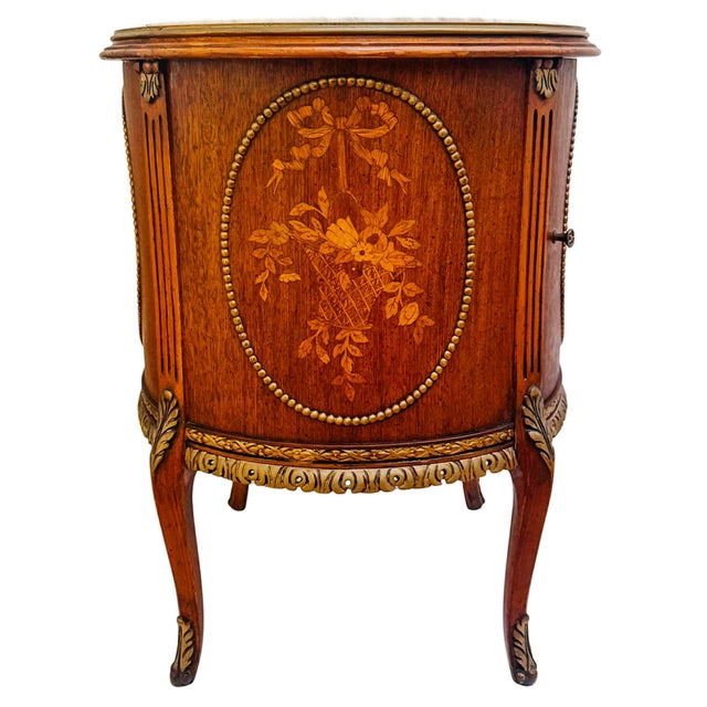 Louis XVI Style Round Gueridon Commode Tables With Carrara Marble & Floral Marquetry - A Pair For Sale - Image 11 of 18