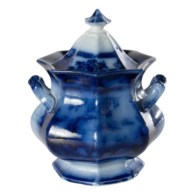 19th Century Flow Blue Sugar Bowl For Sale