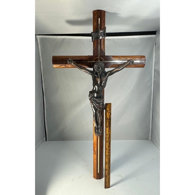 Large Vintage Crucifix: Bronzed Jesus, Carved Wood Cross For Sale - Image 10 of 10