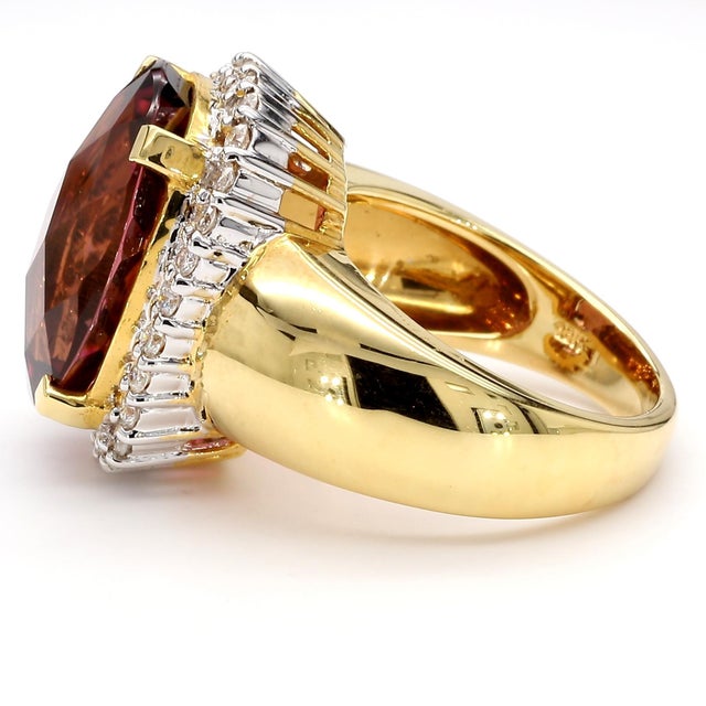 Contemporary 18.75 Carat Cushion Cut Pink Tourmaline & Diamond Halo Set 18k Yellow Gold Ring, Size 8 For Sale - Image 3 of 11