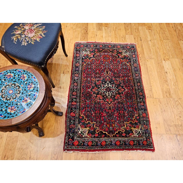 Textile Vintage Persian Bidjar Rug, Hand-Knotted Wool, Geometric Medallion Pattern, Red & Navy, 3x4 For Sale - Image 7 of 16