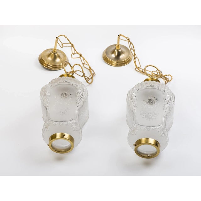 Brass 1950s Vintage Brass Chain Pendant Light & Frosted White Glass Shade With Flower Pattern - a Pair For Sale - Image 8 of 12
