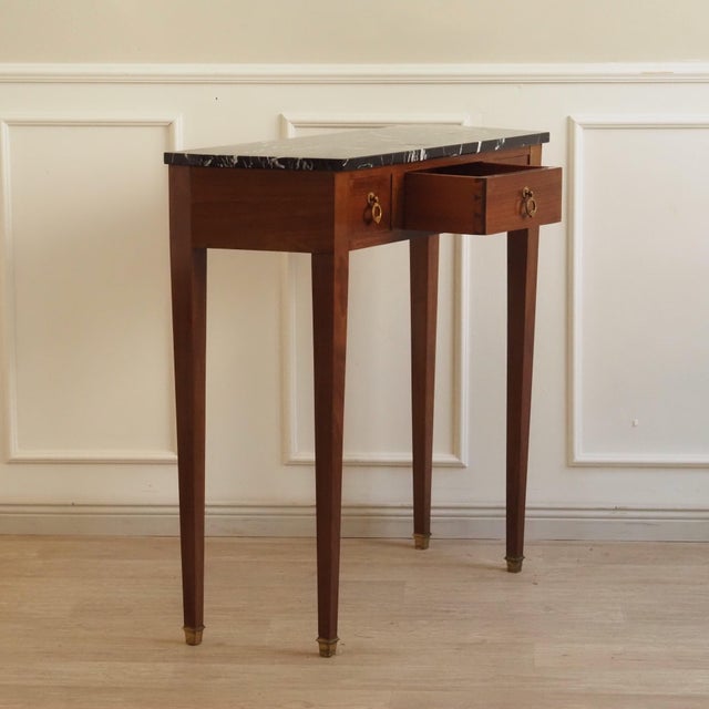 Louis XVI Walnut Console Table with Black Marble Top and Brass Fittings For Sale - Image 12 of 12