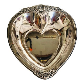Vintage Floral Silver Plated Heart Shaped Candy Dish For Sale