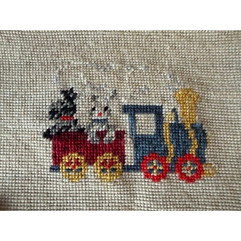 Charming Vintage Toy Train Handmade Needlepoint Marked "Toy-Town Choo Choo", Wool Yarn Used. Unframed ~ note the notches...