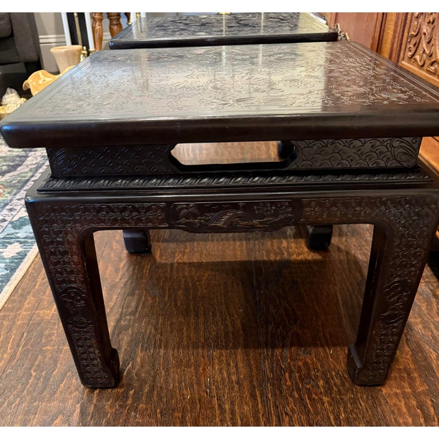 1970s 1978 John Widdicomb Asian Modern Incised Lacquer End Tables – Matching Pair For Sale - Image 5 of 12