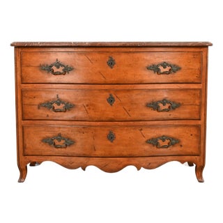 Ralph Lauren French Provincial Louis XV Carved Walnut Marble Top Commode or Chest of Drawers For Sale