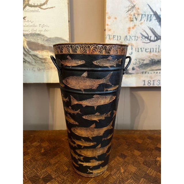 Vintage English Planter Jardiniere Urn Fish Decoupage Black Tole Lodge Décor For Sale - Image 4 of 18
