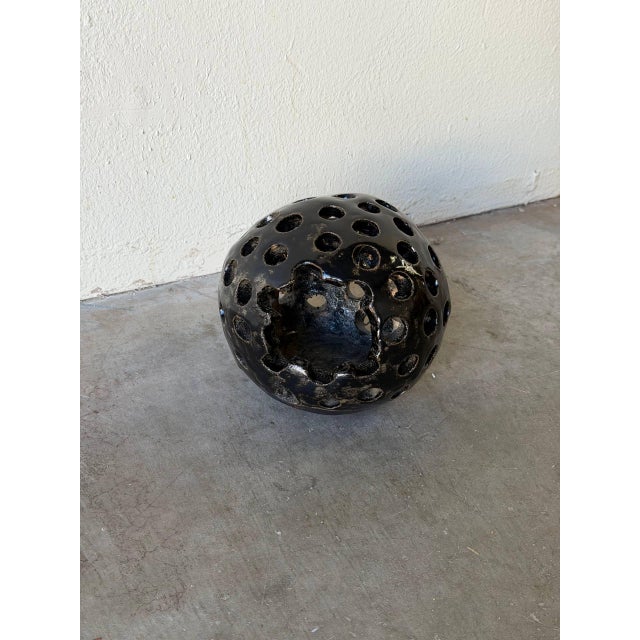 Vintage Danish Brutalist Ceramic Candle Holder – Black Pierced Sphere For Sale In Los Angeles - Image 6 of 9