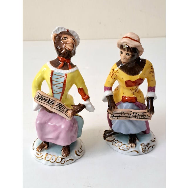 Rococo 1980s Chelsea House Porcelain Monkey Band Singer Figurines, Pair, Meissen Style Rococo Musicians For Sale - Image 3 of 14