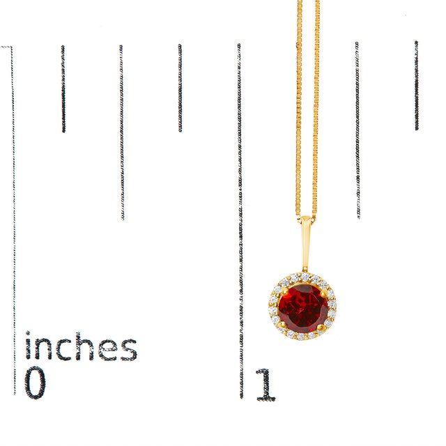 Early 21st Century 10K Yellow Gold Red Garnet and 1/10 Cttw Diamond Accent Halo Pendant Necklace For Sale - Image 5 of 5