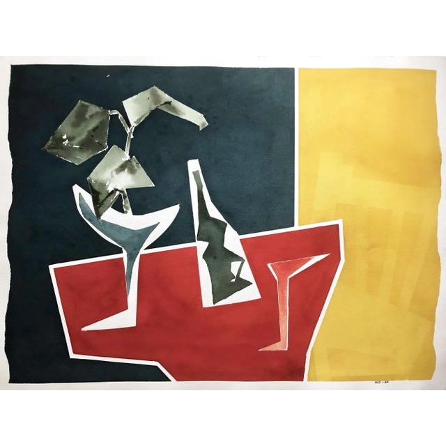 Vintage watercolor still life of a plant, wine bottle, and glass on a table with chair, painted on Arches paper. Initialed...