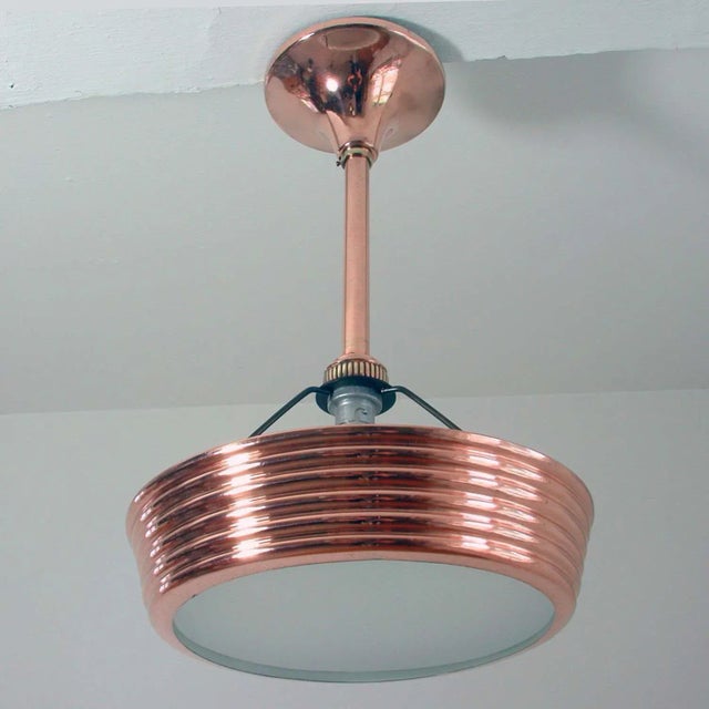 French Art Deco Copper and Satin Glass Flush Mount Pendant, 1930s For Sale - Image 3 of 12