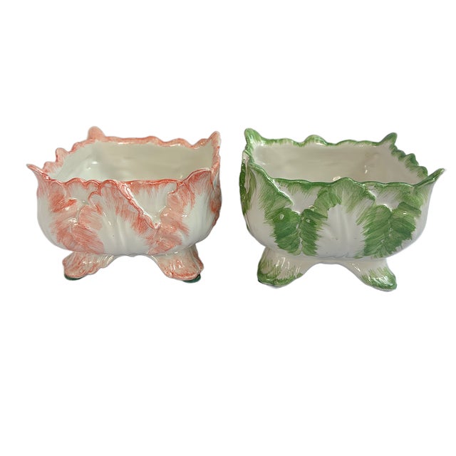Mottahedeh Vintage Mottahedeh Majolica Cabbage Leaf Planters - A Pair For Sale - Image 4 of 8