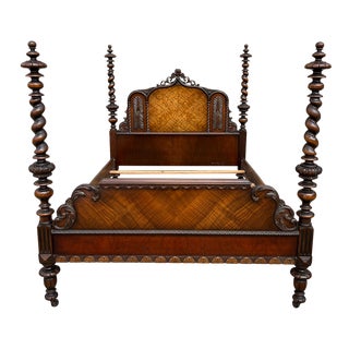 Ornate Carved Mahogany Maurice Mandle Co. Barley Twist Full Size Poster Bed Frame For Sale