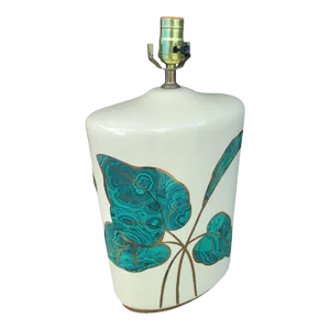 Vintage 24k Gold Inlay Cream Malachite Leaf Design Glass Table Lamp