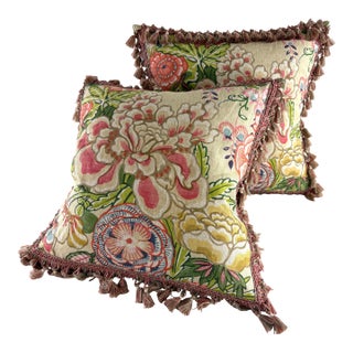 Thibaut Peony Garden Hand Printed Tasseled Linen Pillows/a Pair For Sale