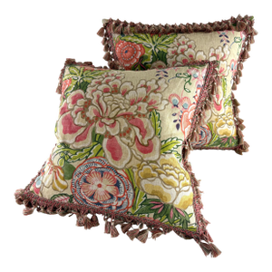 Thibaut Peony Garden Hand Printed Tasseled Linen Pillows/a Pair