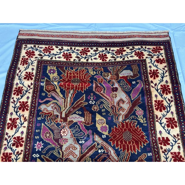 Magenta Afghan Peacock Area Rug, Hand-Knotted Wool, Floral, 4x6, Indigo & Magenta For Sale - Image 8 of 13