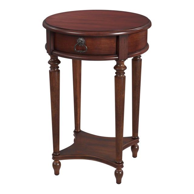 Jules 1 Drawer Round End Table, Cherry Brown For Sale