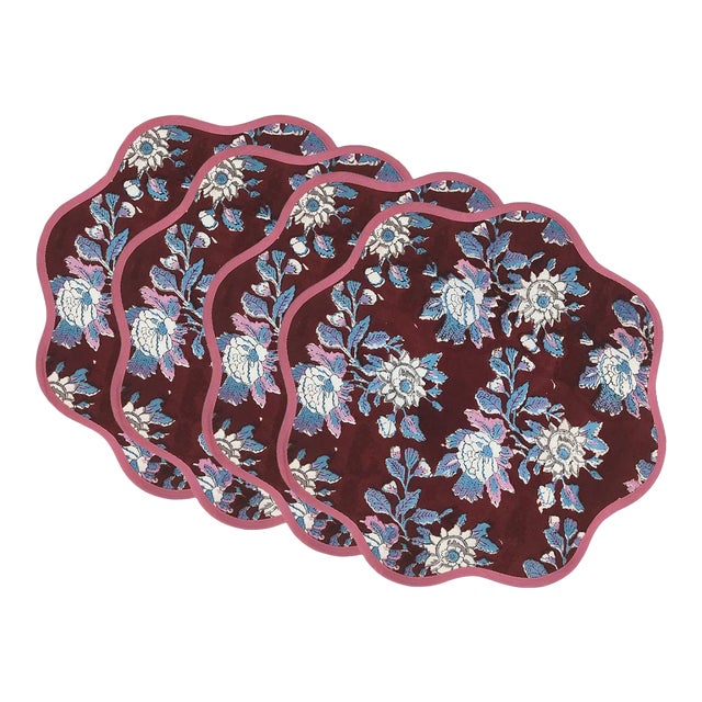 Handmade Round Scalloped Burgundy Botanical Placemats with Pink Trim - Set of 4 For Sale