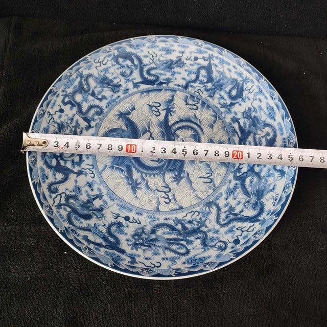 Chinese Ceramic Plate,Qianlong Marked Blue and White Porcelain Plate Hand Painted Dragon Pattern For Sale - Image 11 of 11
